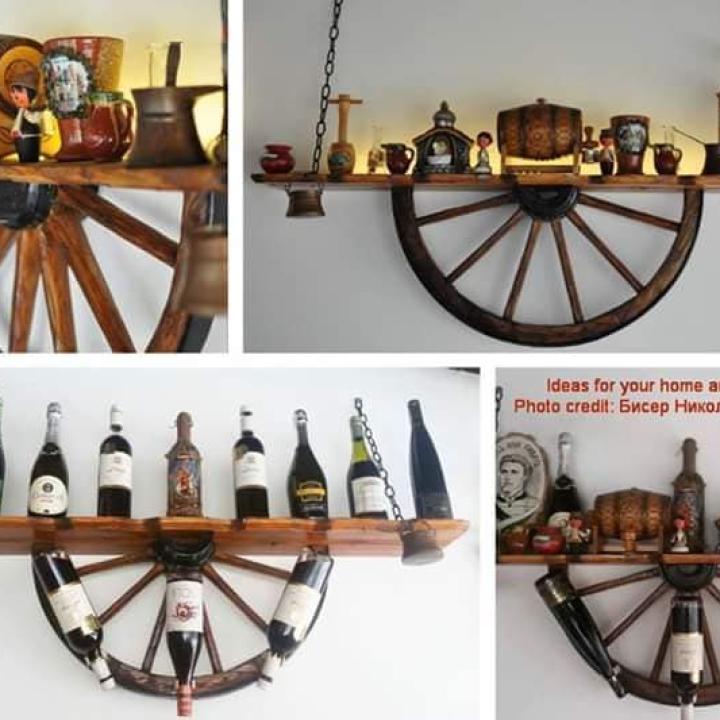 Рафт-етажерки от колела на каруца с приставки за бутилки вино!