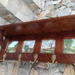 Уникална старинна масивна дъбова закачалка с рафт, двойни окачвачи и порцеланови плочки!